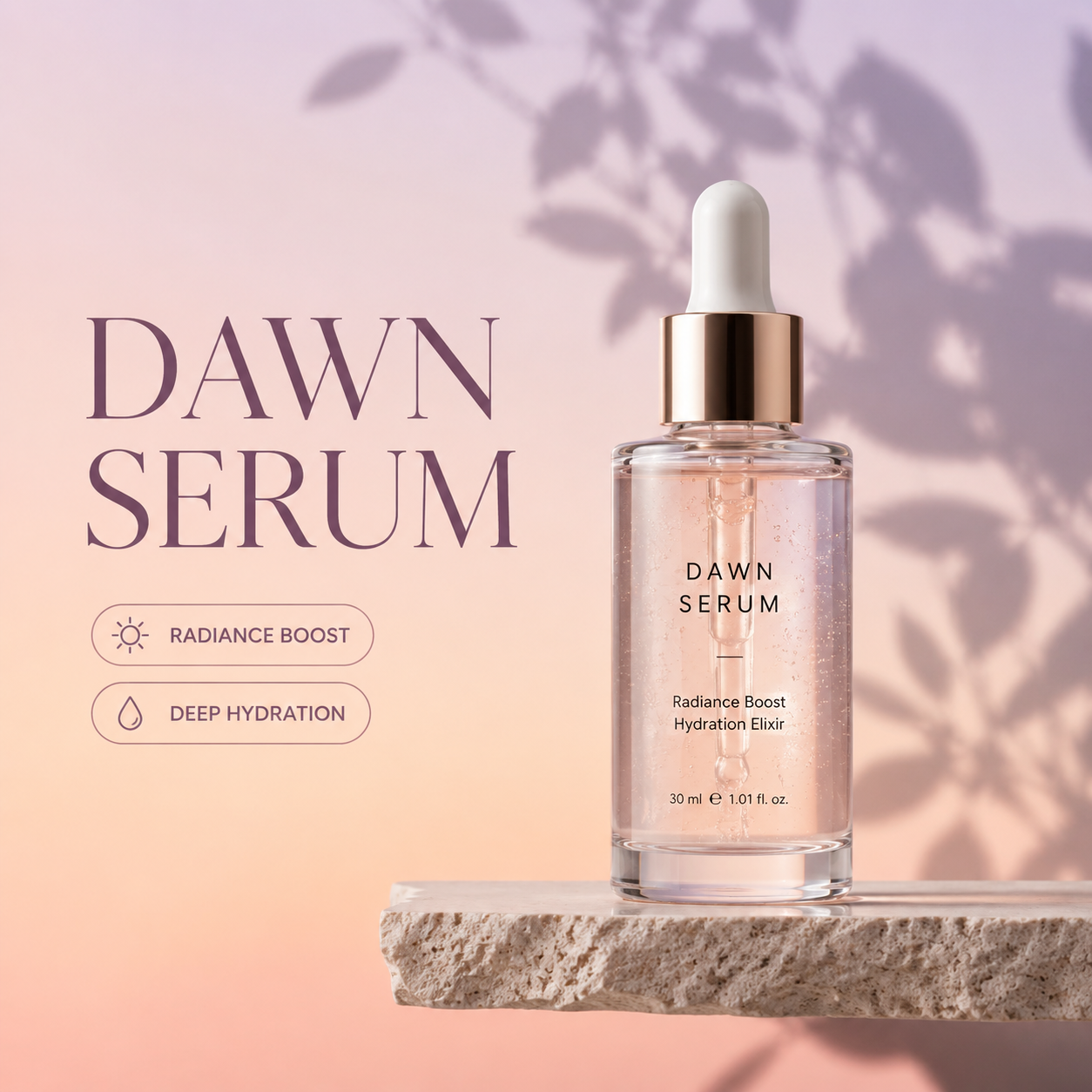 Original flat image for the 4-layer example: a Dawn Serum skincare ad with the bottle on a stone plinth