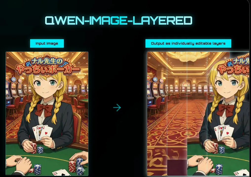 Anime card-game illustration beside its output as individually editable layers